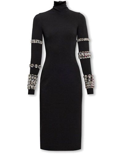 Dolce & Gabbana Calf-length Dress In Jersey Milano Rib With Rhinestones - Black