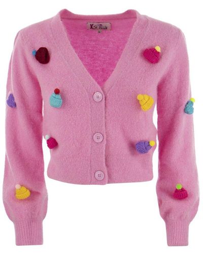 Mc2 Saint Barth Brushed Knit Crop Cardigan And Caps - Pink