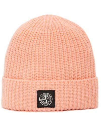 Stone Island Logo Patch Knitted Wool Beanie - Pink