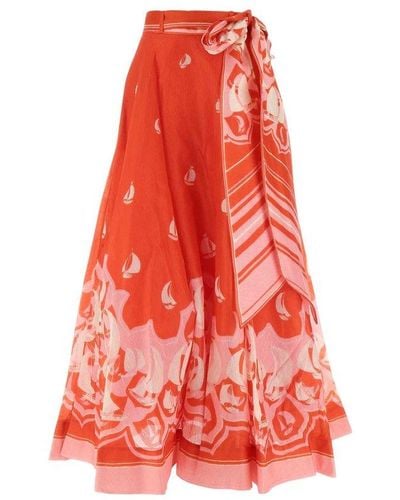 Zimmermann Printed Linen And Silk-blend Maxi Skirt - Red