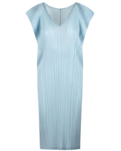 Pleats Please Issey Miyake March Plissé V-neck Mini Dress - Blue