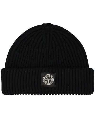 Stone Island Compass Patch Ribbed-knitted Beanie - Black