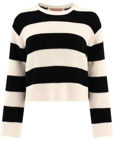 Valentino Striped Crewneck Knitted Sweater - Black