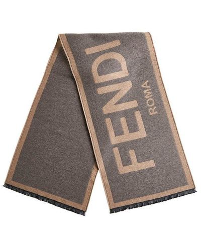Fendi Logo Printed Fringed Scarf - Grey