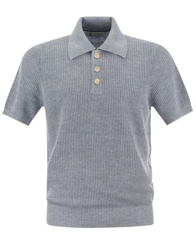 Brunello Cucinelli Linen And Cotton Half-rib Knit Polo Shirt With Contrasting Detailing - Gray