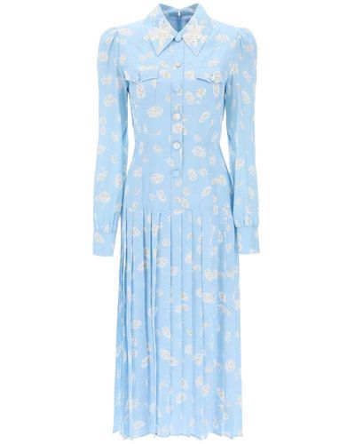 Alessandra Rich Crepe De Chine Shirt Dress With Daisy Motif - Blue