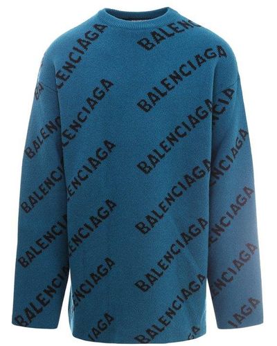 Balenciaga Logo Virgin Wool-blend Sweater - Blue