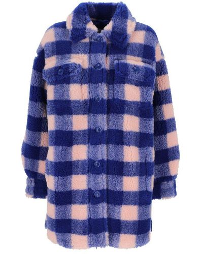 Stand Studio Checked Faux Fur Single Breasted Coat - Blue