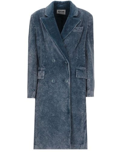 Moschino Double-Breasted Long-Sleeved Corduroy Coat - Blue