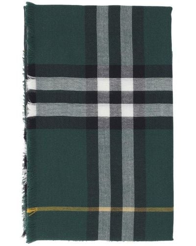 Burberry Check Printed Frayed-edge Scarf - Green
