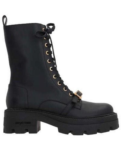 Sergio Rossi Buckle Detailed Combat Boots - Black