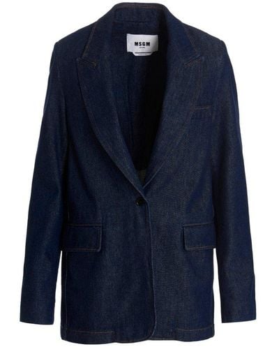 MSGM Single-breasted Denim Blazer Jacket - Blue