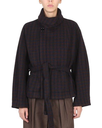 Lemaire Wool Coat With Check Pattern - Black