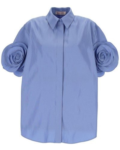 Valentino Floral Embellished Short-sleeved Shirt - Blue