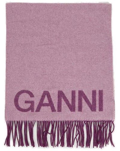 Ganni Logo Fringed Scarf - Purple