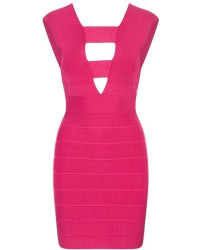 Hervé Léger Hot Deep V Strappy Icon Dress - Pink