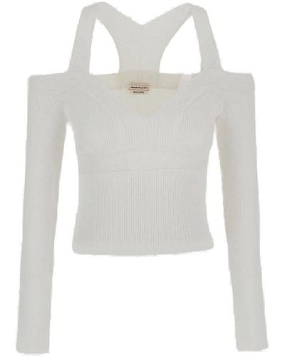 Alexander McQueen Exposed Shoulder Cropped Knitted Top - White
