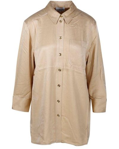 Ganni Long Sleeved Buttoned Satin Shirt - Natural