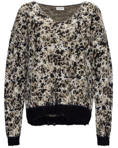 Saint Laurent Wide Neck Jacquard Wool Blend Sweater - Multicolour