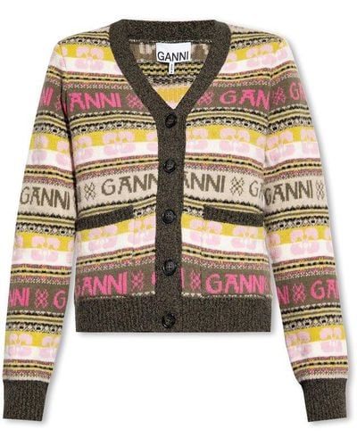 Ganni Logo Wool Blend Cardigan - Brown