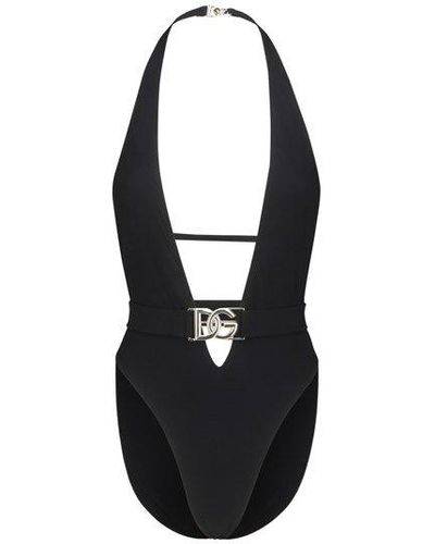 Dolce & Gabbana Logo-plaque Plunge-neck Swimsuit - Black