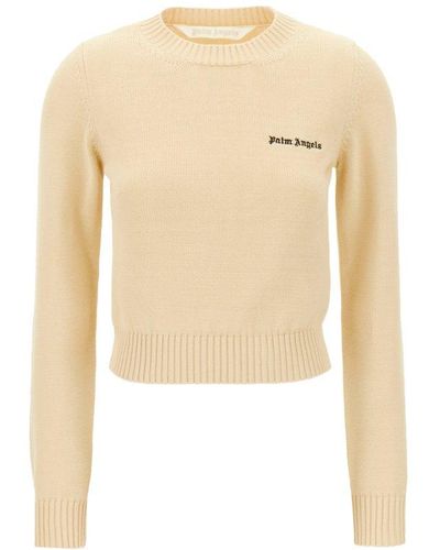 Palm Angels Logo Embroidered Crewneck Knitted Jumper - White