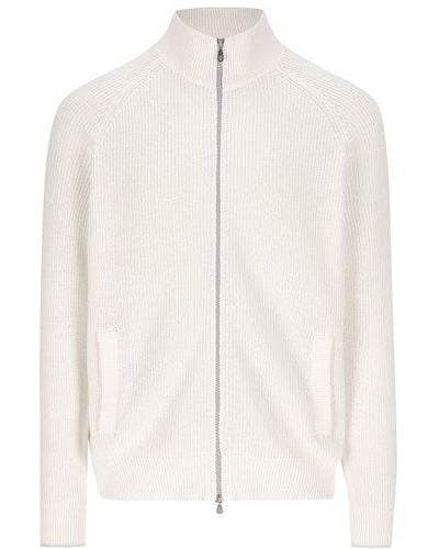 Brunello Cucinelli High Neck Knitted Zip-up Cardigan - White