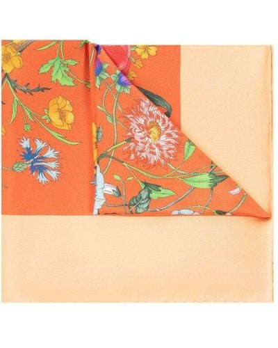 Gucci Reversible Shawl With Floral Motif, - Orange