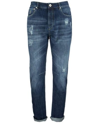 Brunello Cucinelli Five-pocket Leisure Fit Trousers In Old Denim With Rips - Blue
