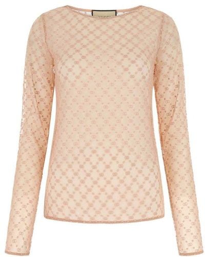 Gucci GG Embroidered Mesh Top - Natural