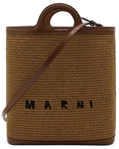 Marni Tropicalia Logo Embroidered Raffia Tote Bag - Brown