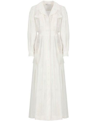 Alberta Ferretti Notched-collar Long-sleeved Pleated Dress - White
