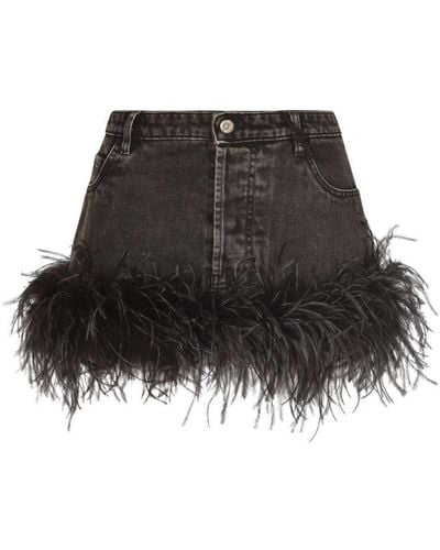 Miu Miu Feather Trim Denim Skirt - Black