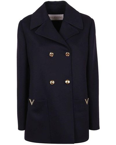 Valentino Logo Plaque Double-breasted Long-sleeved Peacoat - Blue
