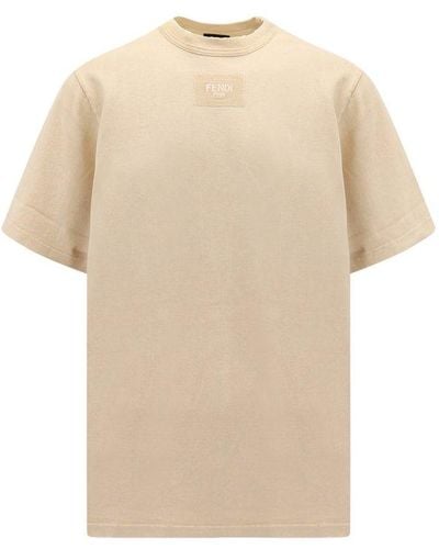 Fendi Crew Neck Regular Fit Cotton T-shirts - Natural