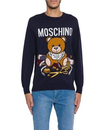 Moschino Teddy Bear Intarsia Knitted Crewneck Sweater - Blue