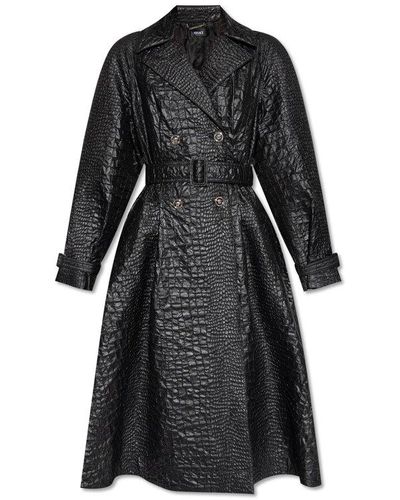 Versace Trench Coat With Crocodile Effect, - Black