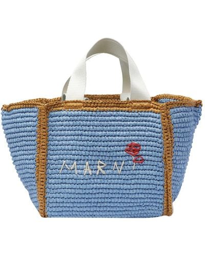 Marni Logo Embroidered Woven Top Handle Bag - Blue