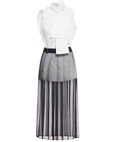 Sacai Chiffon-panel Asymmetric Neck Mini Shirt Dress - White