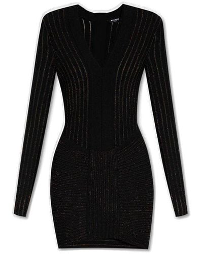 Balmain Knitted Mini Dress With Lurex Stripes - Black