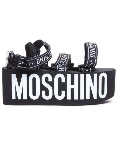 Moschino Logo Printed Strapped Platform Sandals - White