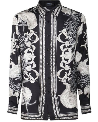 Versace Sea Printed Long Sleeved Buttoned Shirt - Black