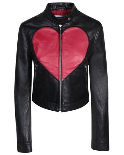 Moschino Heart-printed Zipped Leather Jacket - Pink