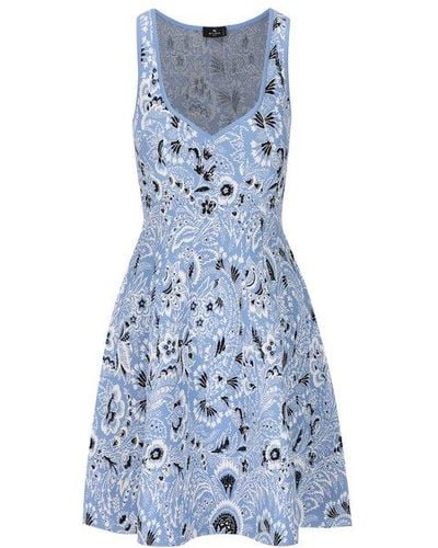 Etro Paisley-jacquard Sleeveless Mini Dress - Blue