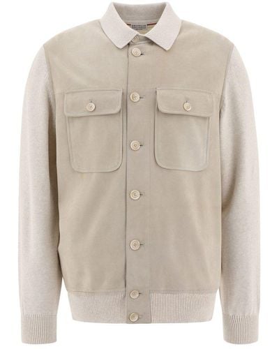Brunello Cucinelli Suede And Tricot Bomber Jacket - Natural