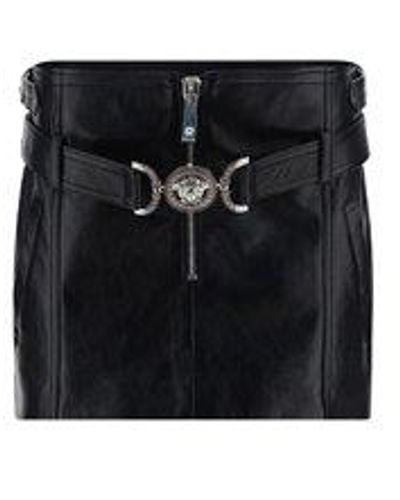Versace Zipped Medusa Detailed Leather Mini Skirt - Black