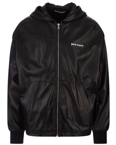 Palm Angels Logo Printed Zip-up Hooded Jacket - Black