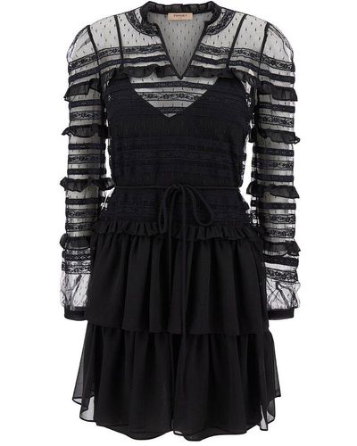Twin Set V-neck Ruffled Mesh Mini Dress - Black
