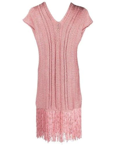 Fisico Fringed V-neck Knitted Beach Dress - Pink