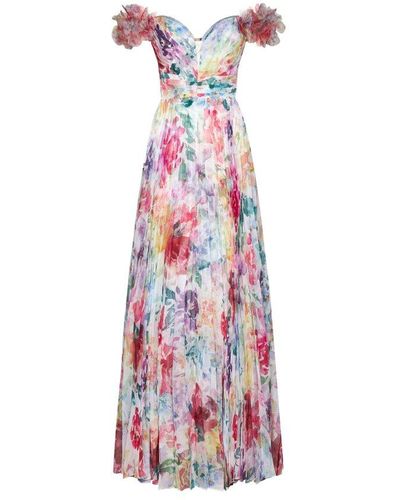 Marchesa notte All-over Floral-printed Off-shoulder Gown - White